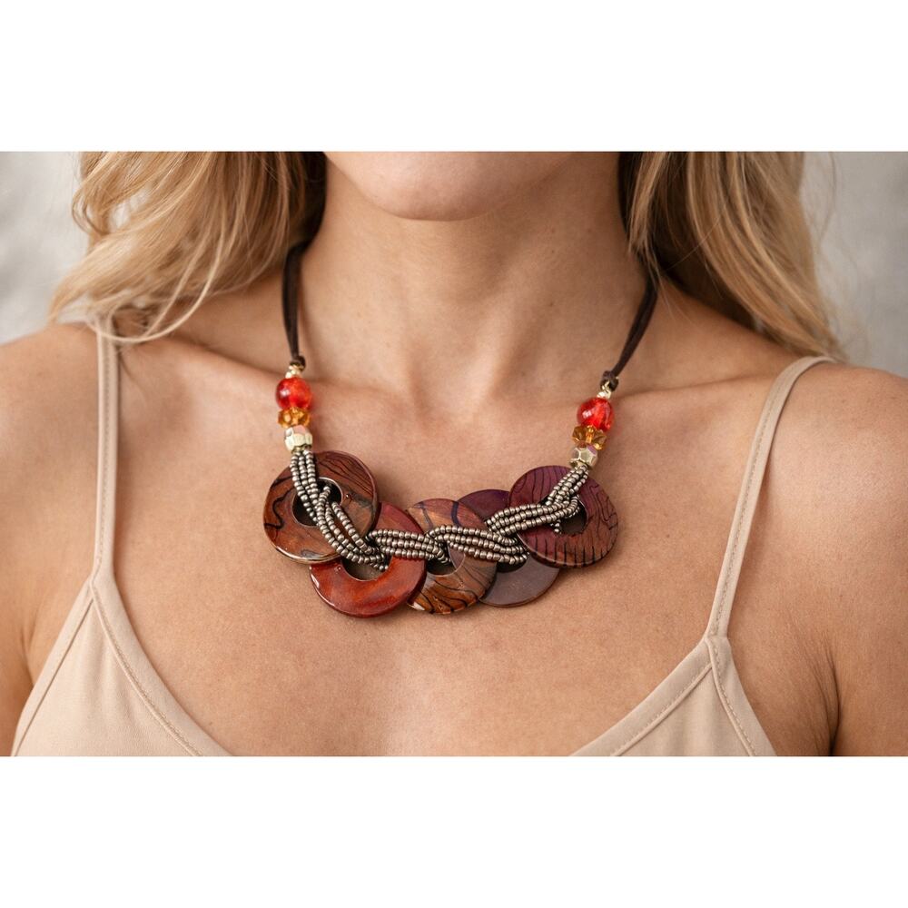 Ballet Boho Wood Disc Statement Necklace Brown Red Beaded Adjustable